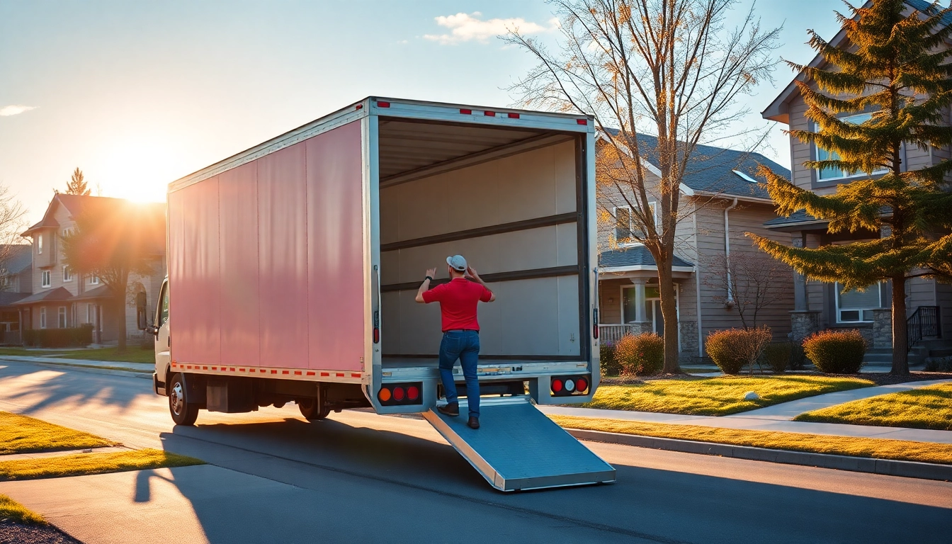 Professional moving professionals Calgary Alberta carefully load belongings into a truck in a local Calgary neighborhood with warm natural light.