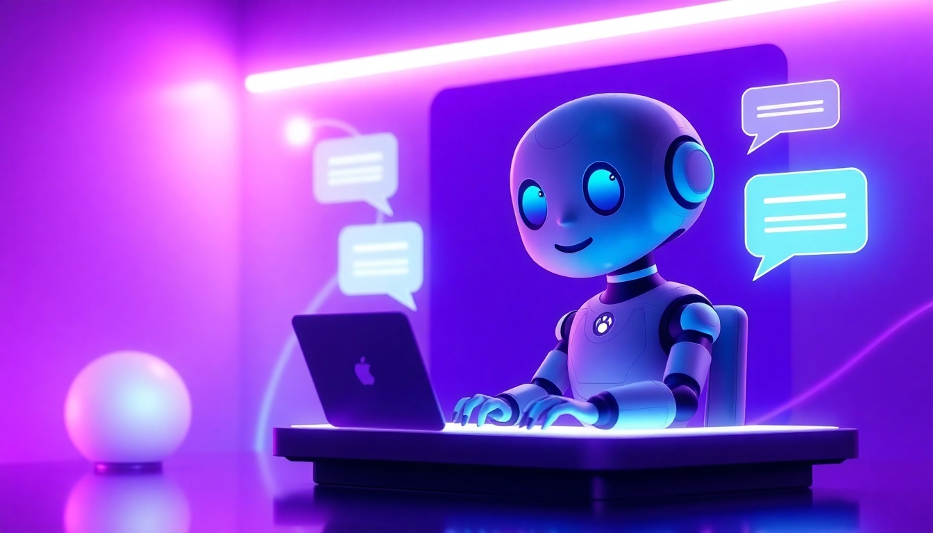 A digital artwork of a futuristic AI chat interface with a friendly chatbot character.