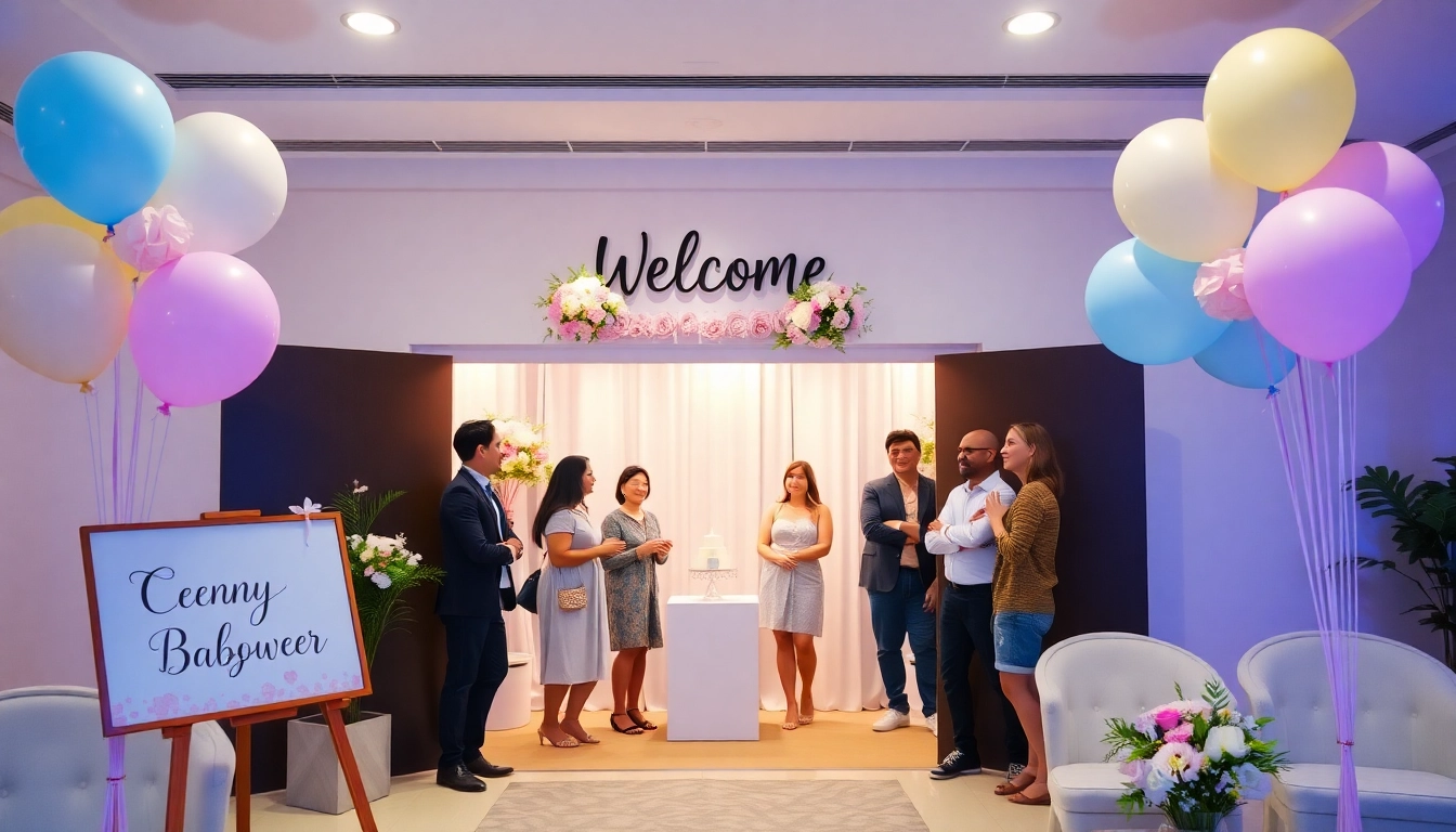 Colorful baby shower welcome sign decorated with balloons and flowers, creating a warm greeting for guests.