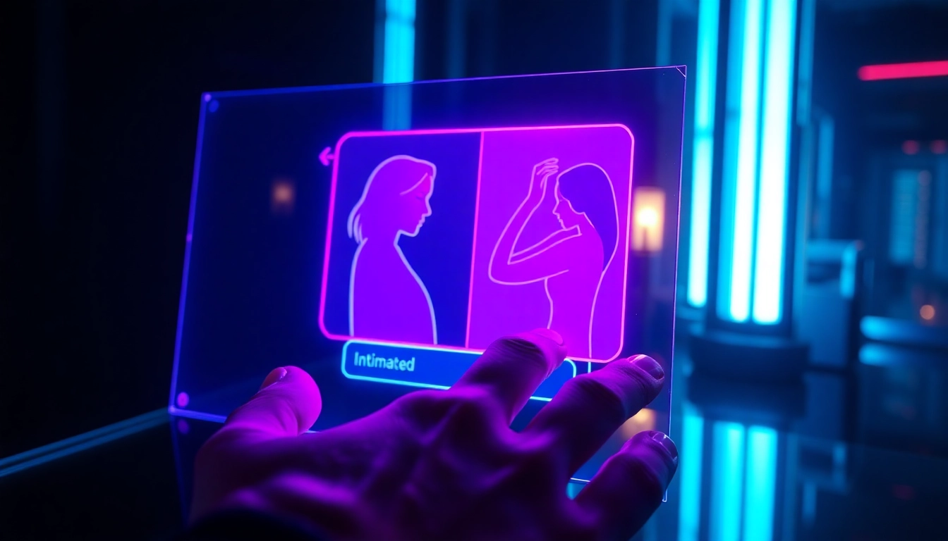 Close-up of a futuristic AI chat interface with neon glow and abstract sensual imagery.