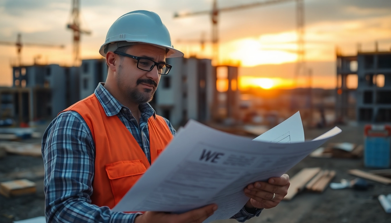 Experienced contractor overseeing project planning with blueprints at a bustling construction site, emphasizing professionalism and expertise.