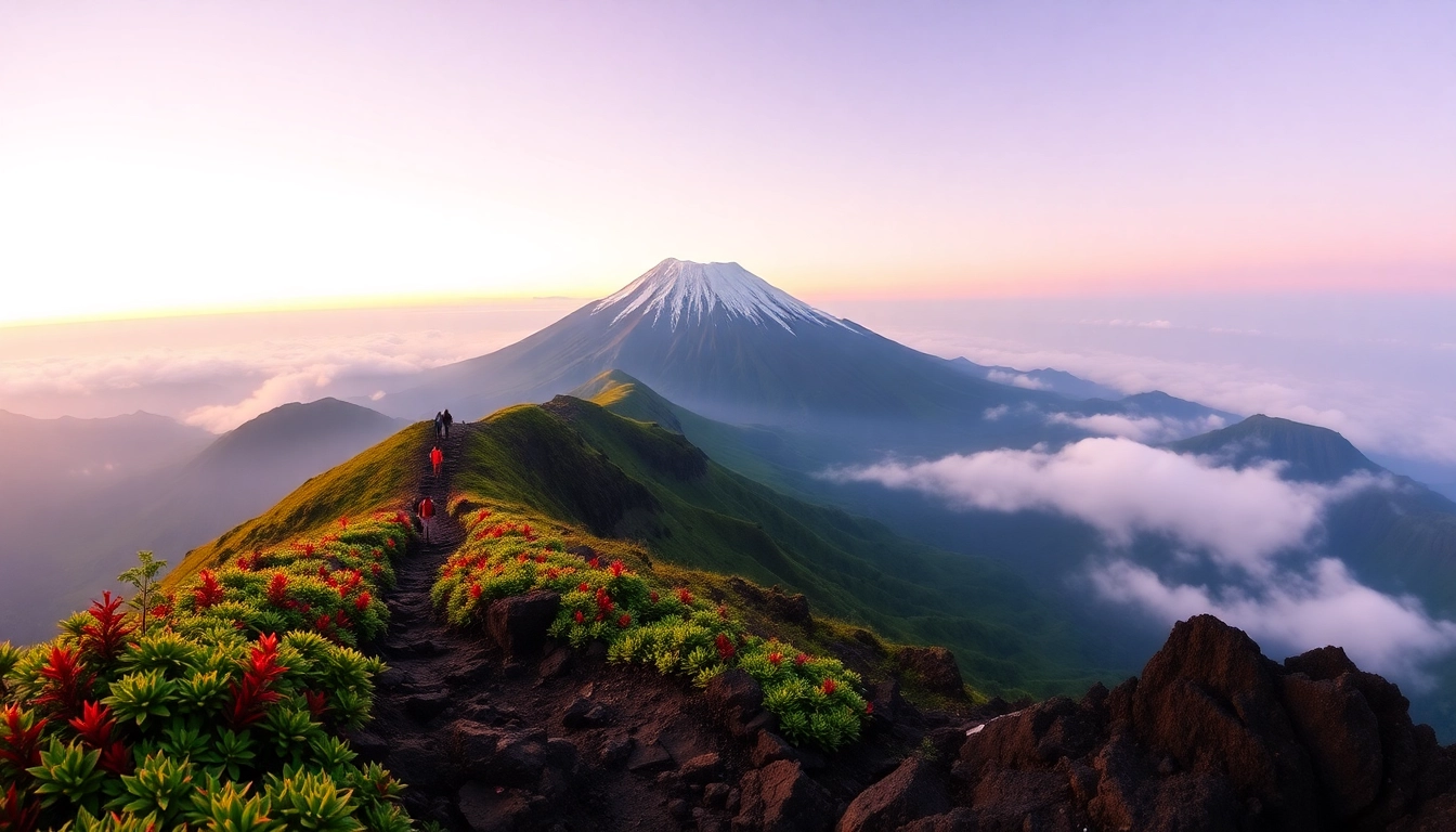 Hikers ascending Mount Rinjani at sunrise with lush green slopes and a colorful sky.
