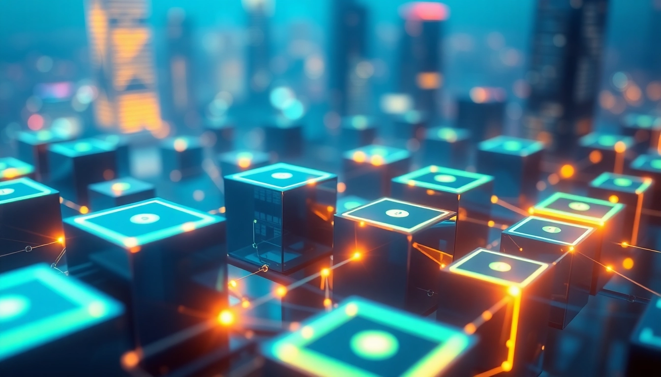 Illustration of blockchain technology with interconnected digital blocks symbolizing secure data sharing and decentralization, emphasizing blockchain's role in modern finance.