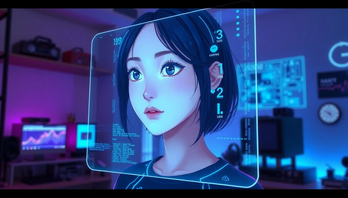 Futuristic AI girlfriend interface with a hyper-realistic anime avatar on a holographic screen in a high-tech room.