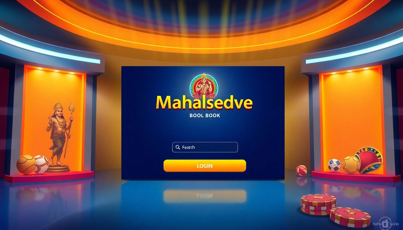 Secure Mahadev book login screen with user dashboard, action button, and vibrant sports betting