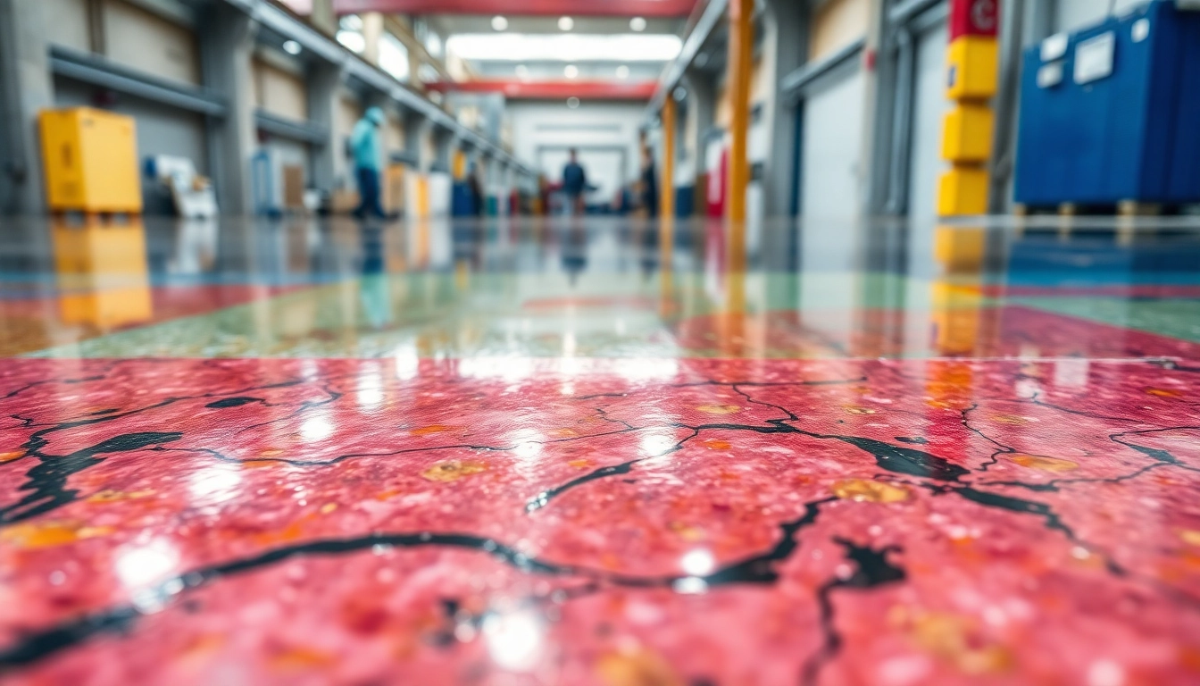 Professional application of epoxy resin floor with a smooth, durable finish in a commercial