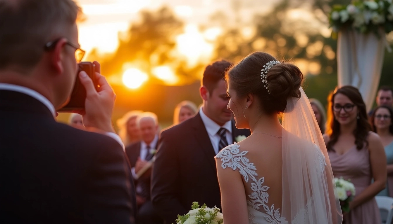 Professional eskuvo fotos captures joyful couple at outdoor wedding ceremony with warm natural